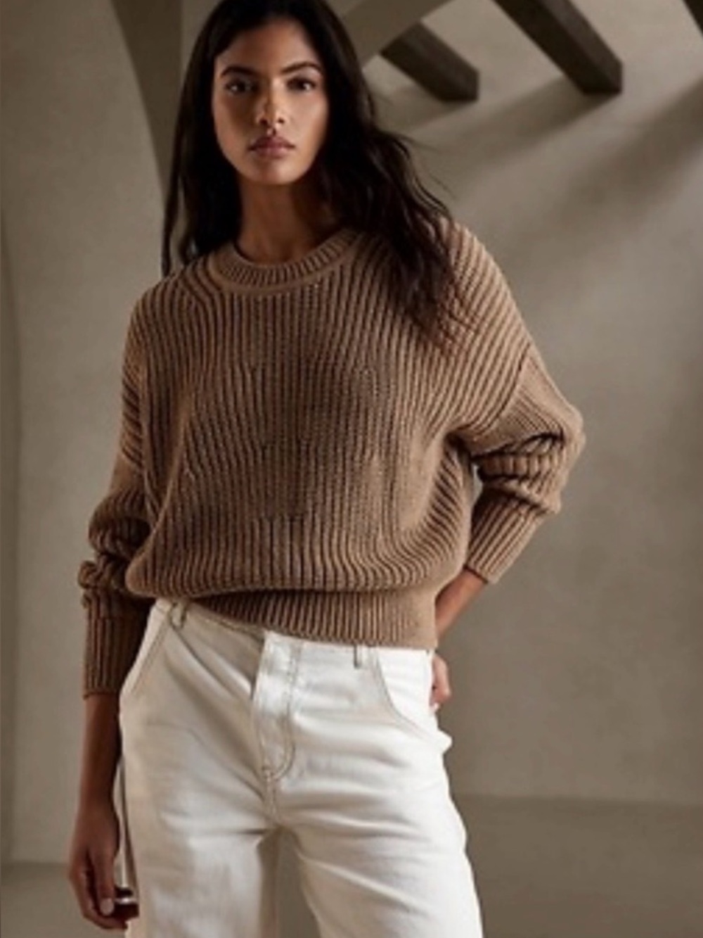 Banana Republic Organic Cotton Sweater Brown Cropped Chunky Knit  Crewneck